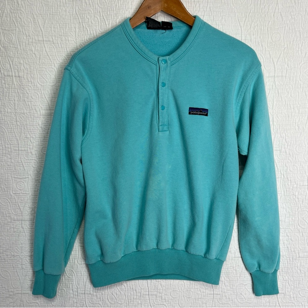 Vintage 86 Patagonia Womens 9 10 Sweatshirt Henley Snap Crew Pullover Blue Top - Picture 12 of 16